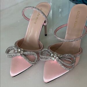 Azalea Wang Pink Satin Heels with Rhinestone Embellishment